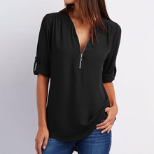 Load image into Gallery viewer, V Neck Zipper Patchwork Plain Blouses