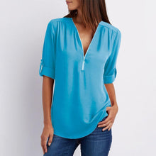 Load image into Gallery viewer, V Neck Zipper Patchwork Plain Blouses